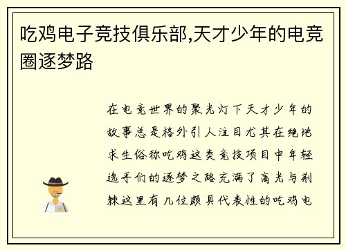 吃鸡电子竞技俱乐部,天才少年的电竞圈逐梦路